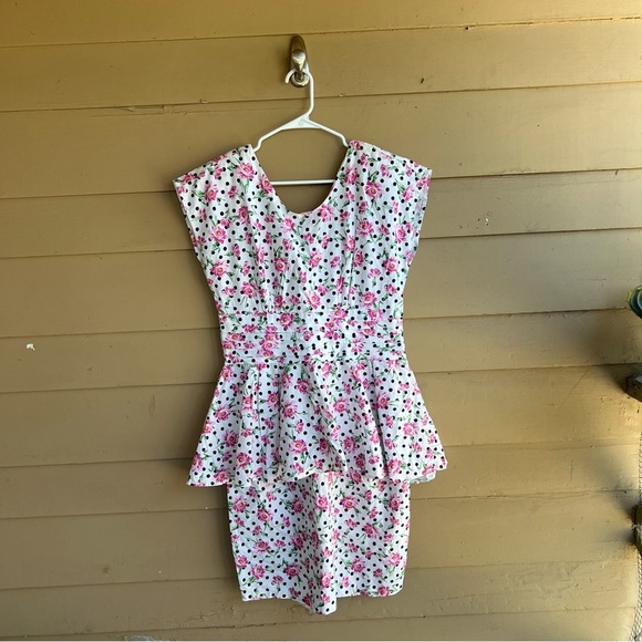 Vintage 80s Floral Peplum Dress - Size 13/14 - Polka Dot Preppy - Picture 1 of 5